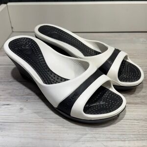 Crocs Women's Sassari Sandal Size 7 Wedge Heel Slide Flip Flop Black White Beach